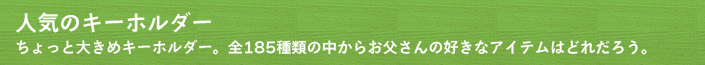 人気のキーホルダー　ちょっと大きめキーホルダー。全185種類の中からお父さんの好きなアイテムはどれだろう。